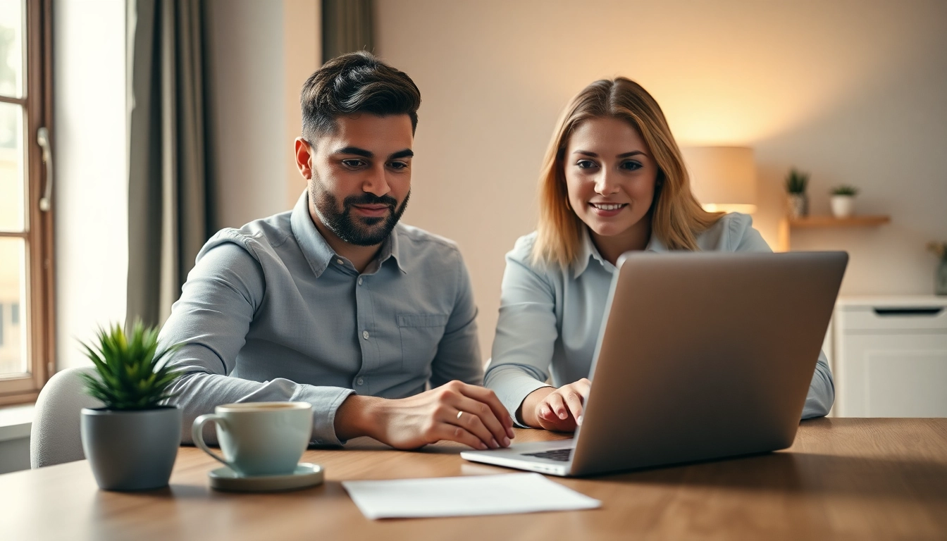 Couple completing the eta uk application form on a laptop in a cozy office.