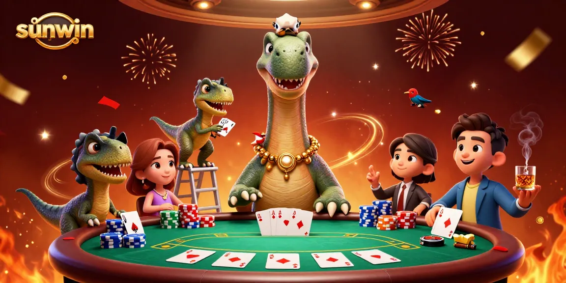 Experience sunwin's thrilling atmosphere with a brontosaurus, raptor dealer, and poker game excitement.