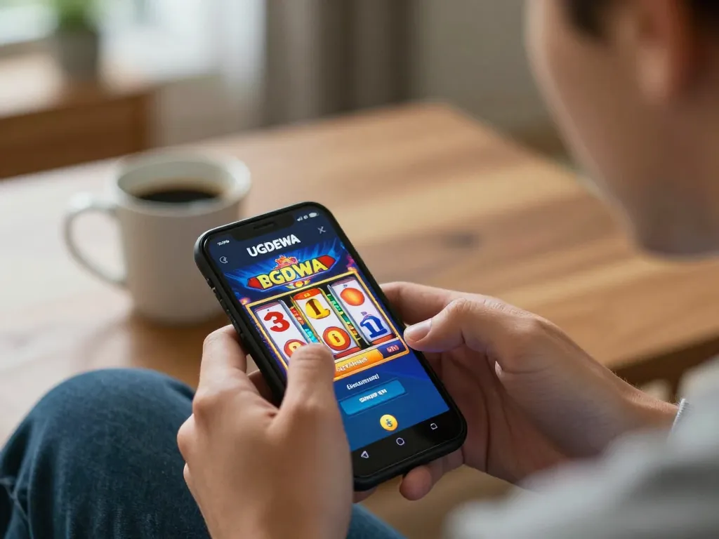 Engaging in thrilling gameplay on UGDEWA app showcasing vibrant slots in an inviting home setting