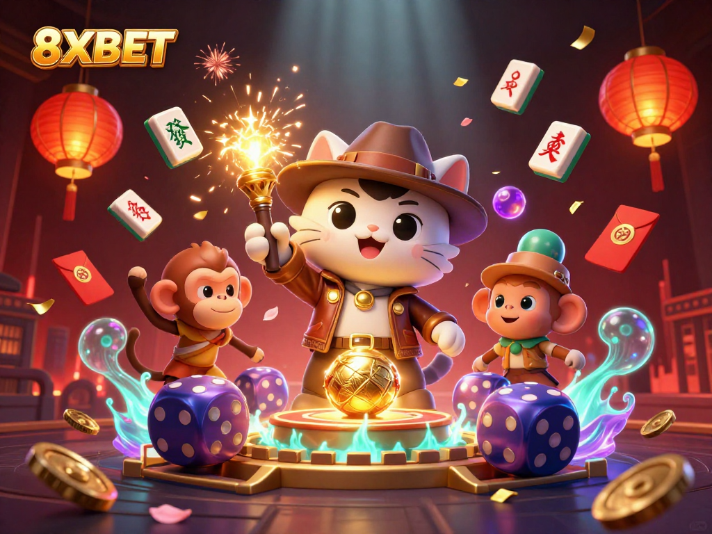 Engage with 8XBET’s thrilling casino atmosphere featuring a vibrant explorer cat and treasures.