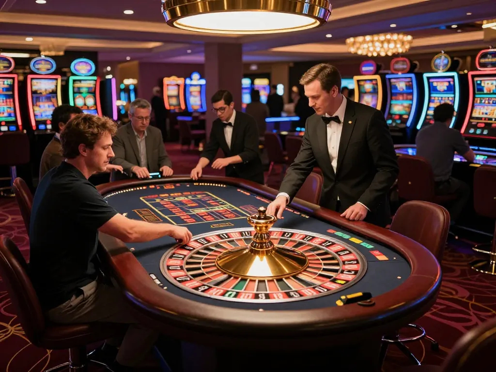 Players engaging in high-stakes roulette at SC88 casino, vibrant atmosphere, betting excitement.