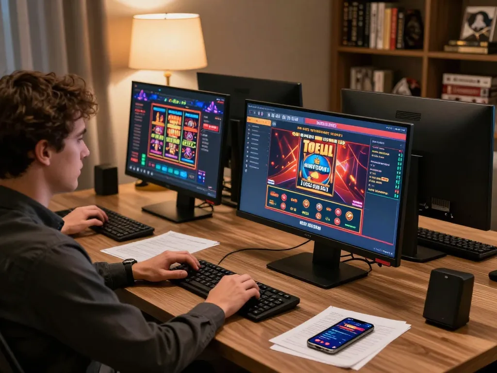 Engaging in casinò americani online gameplay, a player explores various games on multiple screens, showcasing a modern gaming setup.