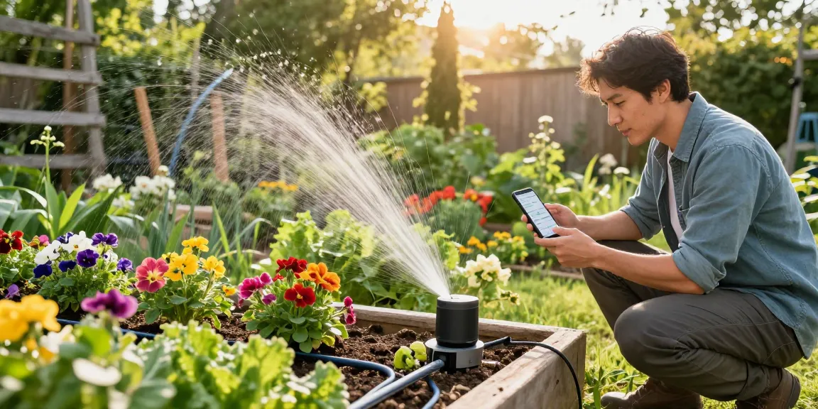 Gardener using a smart sprinkler system in a blooming garden, showcasing automated irrigation for plants.