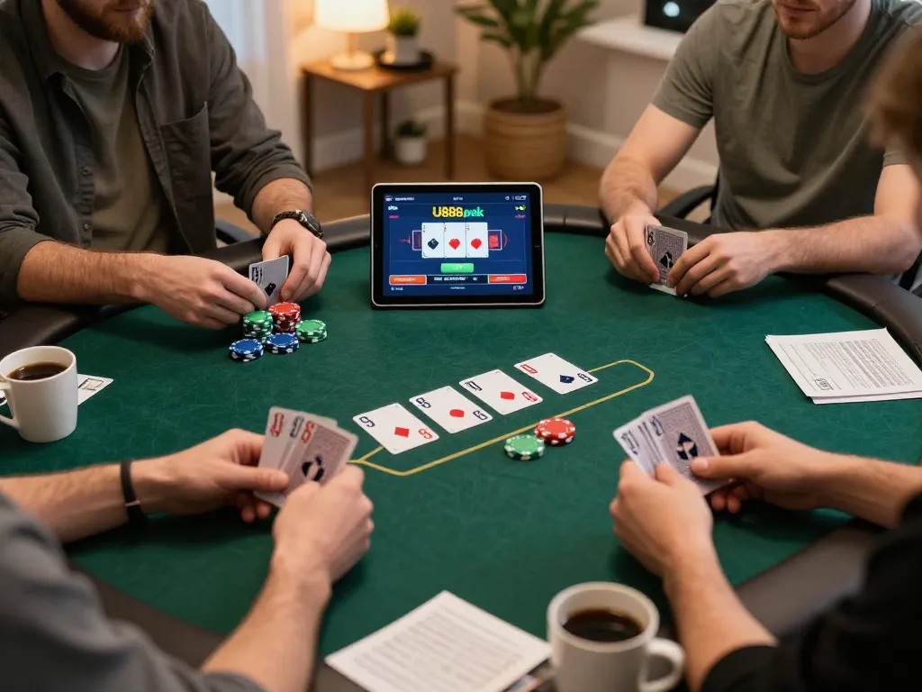 Players engaging in a strategic U888poker match on their devices, surrounded by friendly gaming atmosphere.