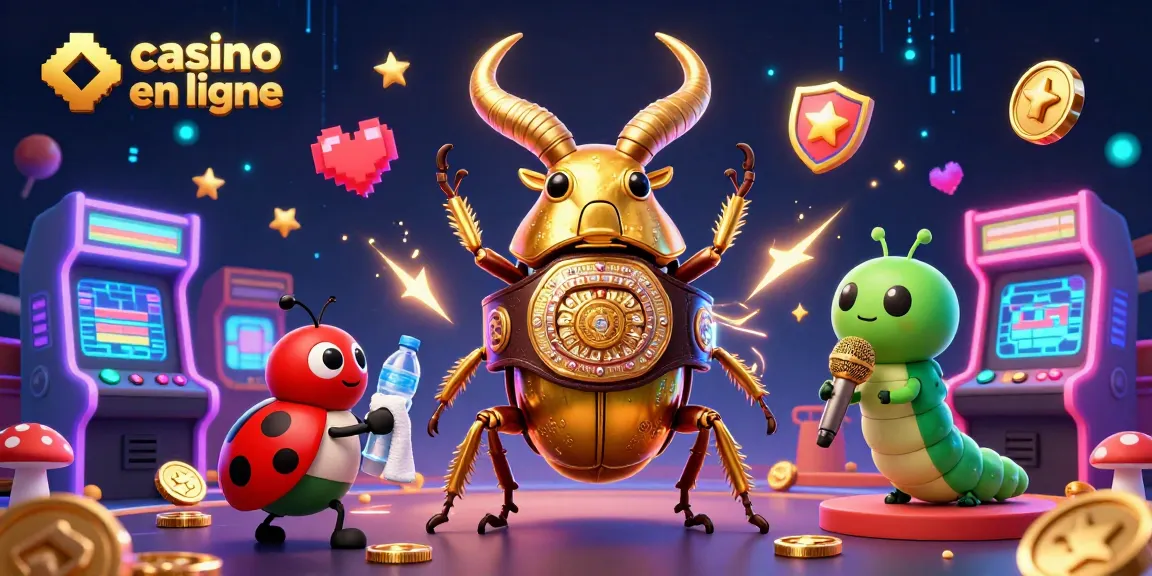Jouez au casino crypto en ligne avec une illustration dynamique d'un scarabée doré et de machines à sous colorées.