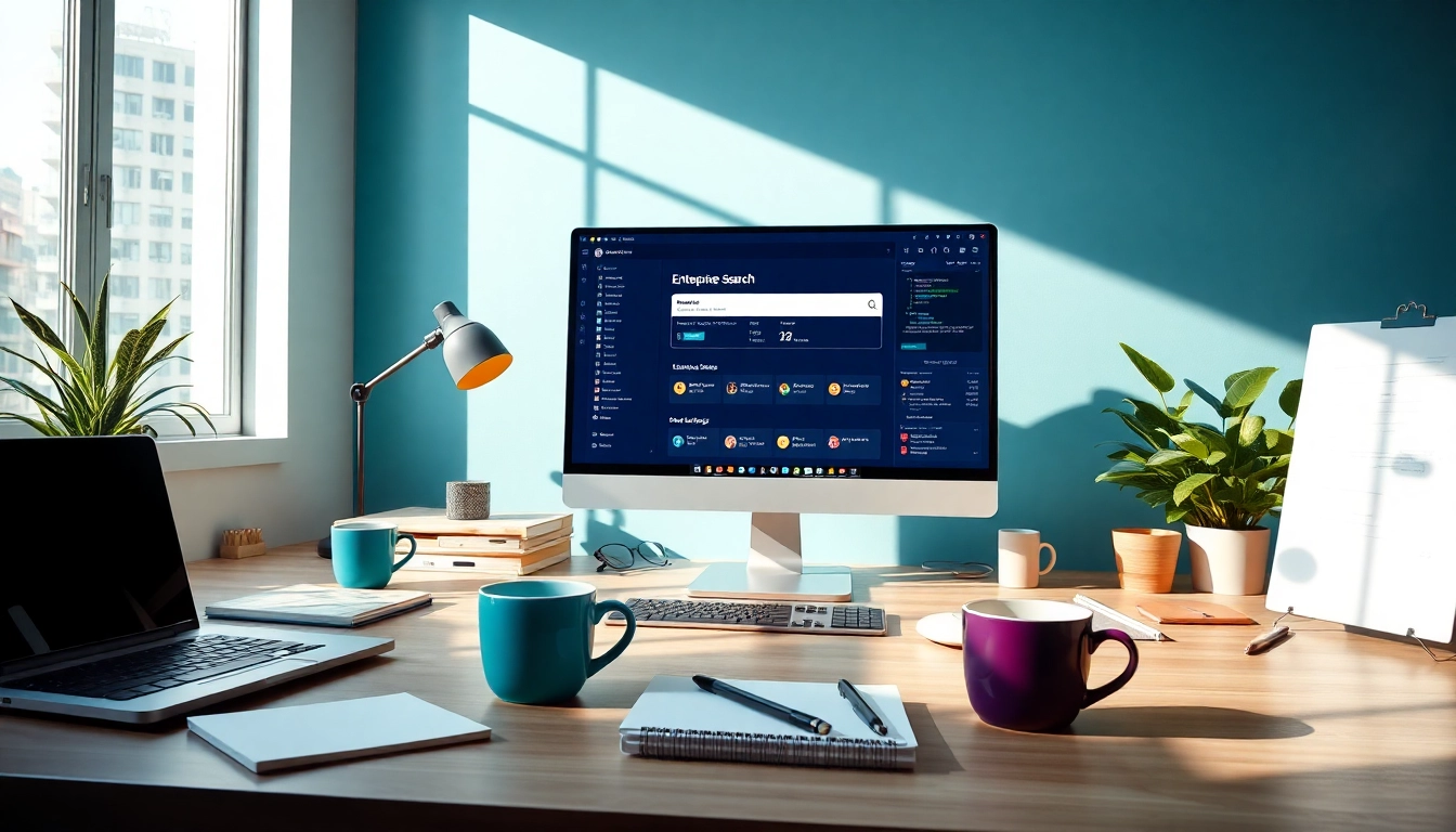 Showcasing enterprise search ai functionality in a modern, productive workspace, highlighting digital solutions.