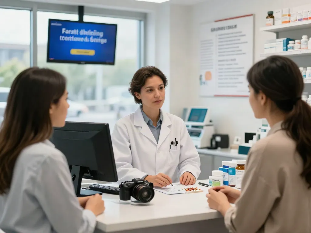 Expert pharmacist assisting customer with steroidi online at a modern pharmacy for safe steroid purchases.