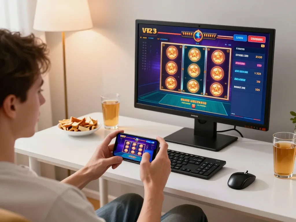 Experience mobile gambling on VN23 with a smartphone displaying exciting casino games.