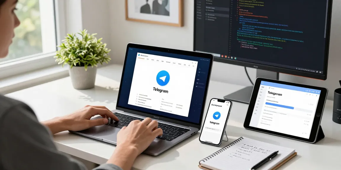 Navigate the Telegram中文 interface on multiple devices in a modern workspace.
