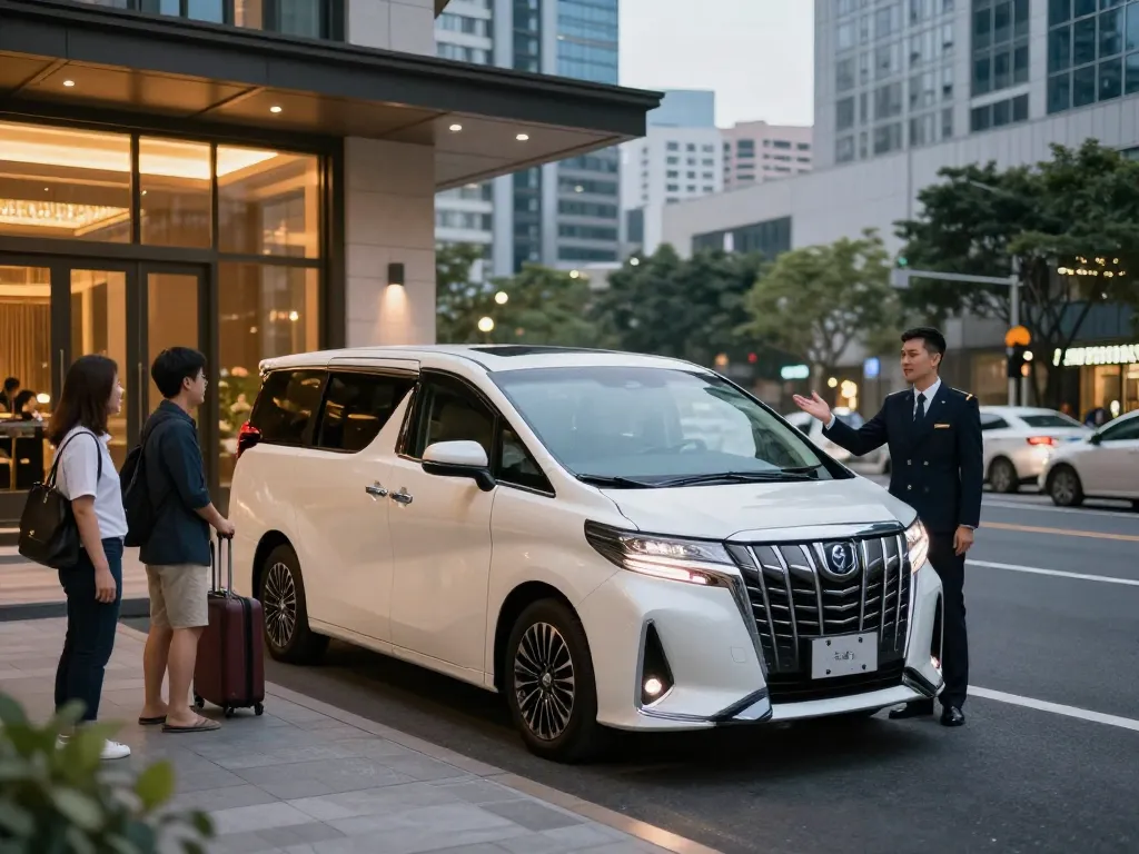 cho thuê xe Toyota Alphard với tài xế chuyên nghiệp trong không gian đô thị sang trọng.