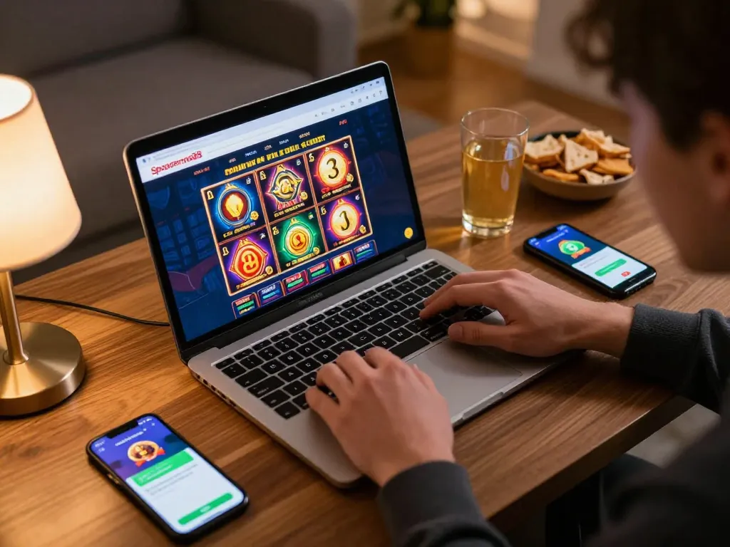Engaging with slot-gacor2026 while placing bets on an online casino interface in a cozy home setup.
