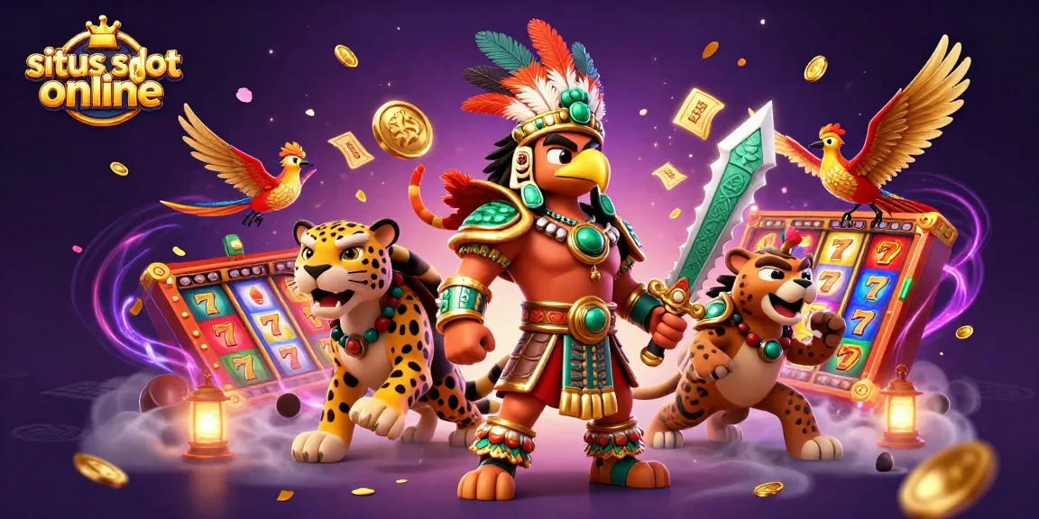 Engage with situs slot online featuring dynamic slot reels, an Aztec warrior, and a jackpot celebration.