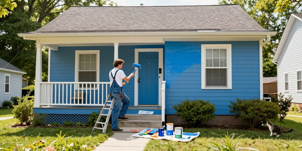 House painters Franklin County OH applying vibrant blue paint to a family home, showcasing a cheerful painter at work.