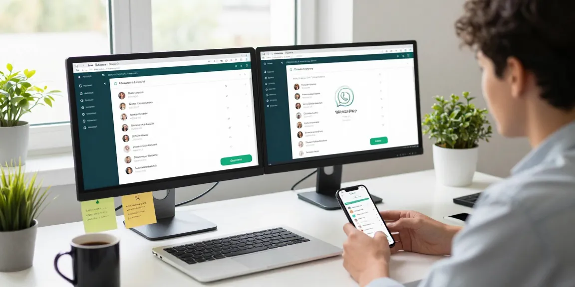 User engaging with WhatsApp網頁版 on laptop in bright modern office setting.
