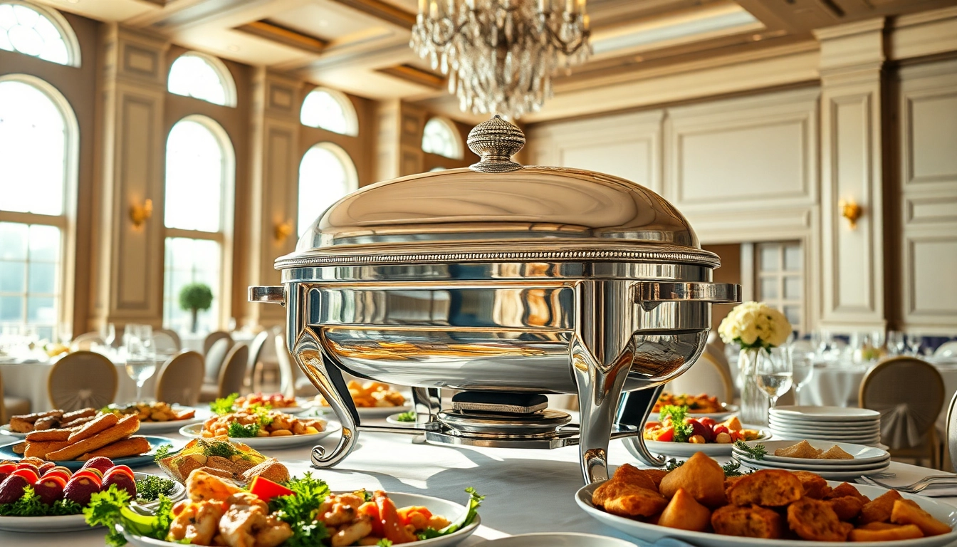Gourmet chafing dish elegantly displayed at a luxurious banquet event with vibrant food.