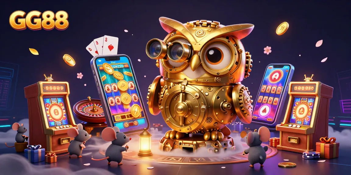 Experience exhilarating games at GG88 with our dynamic casino atmosphere, showcasing golden owl and lively gaming elements.