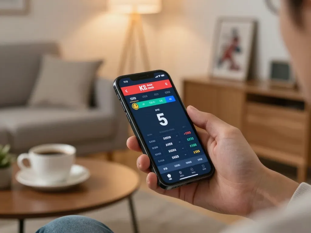 Kèo nhà cái 5 displayed on smartphone while placing a live sports bet in a cozy home setting