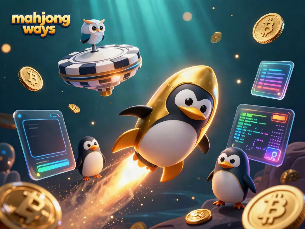 Experience the excitement of mahjong ways with a golden penguin and casino-themed 3D art.