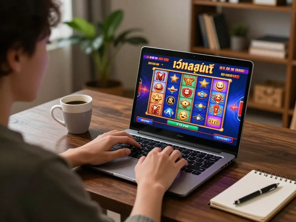Engaging player enjoying เว็บสล็อต on a laptop in a cozy home setting, focused on gaming.