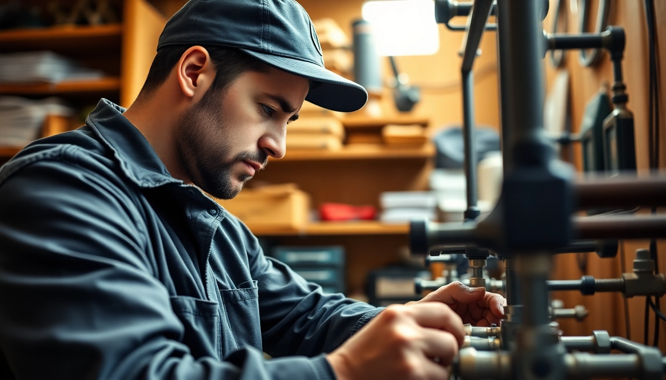 Engaged in plumbing apprenticeship, a professional plumber works on piping systems in a well-lit workshop.