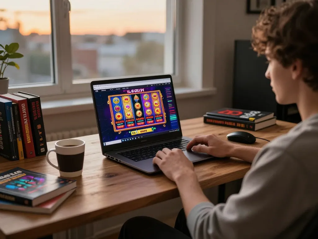 Engaging online gambling session with LGOLUX portal, vibrant slot game display, cozy home atmosphere.