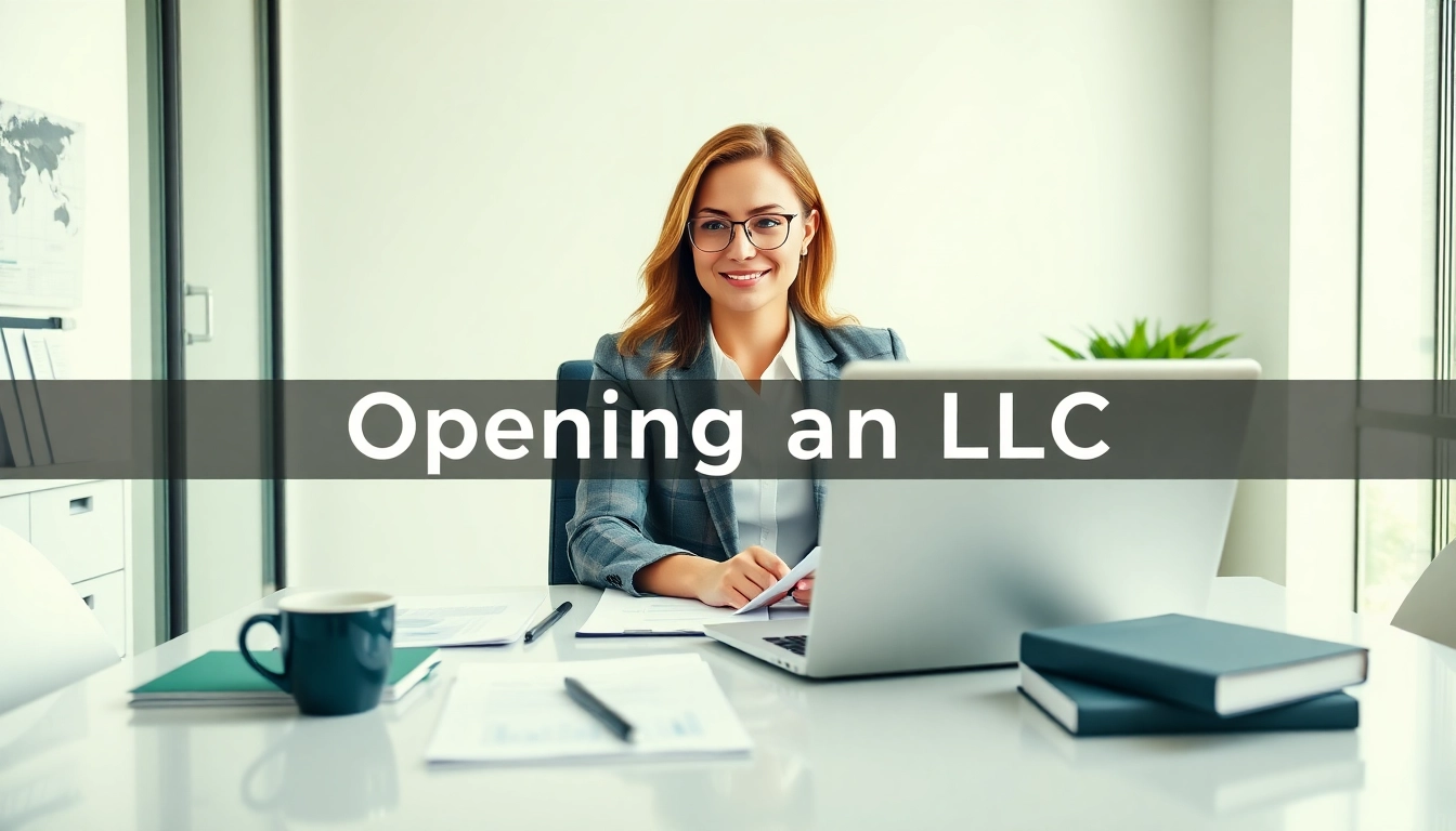 Businesswoman preparing documents for Opening an LLC in a modern office environment.