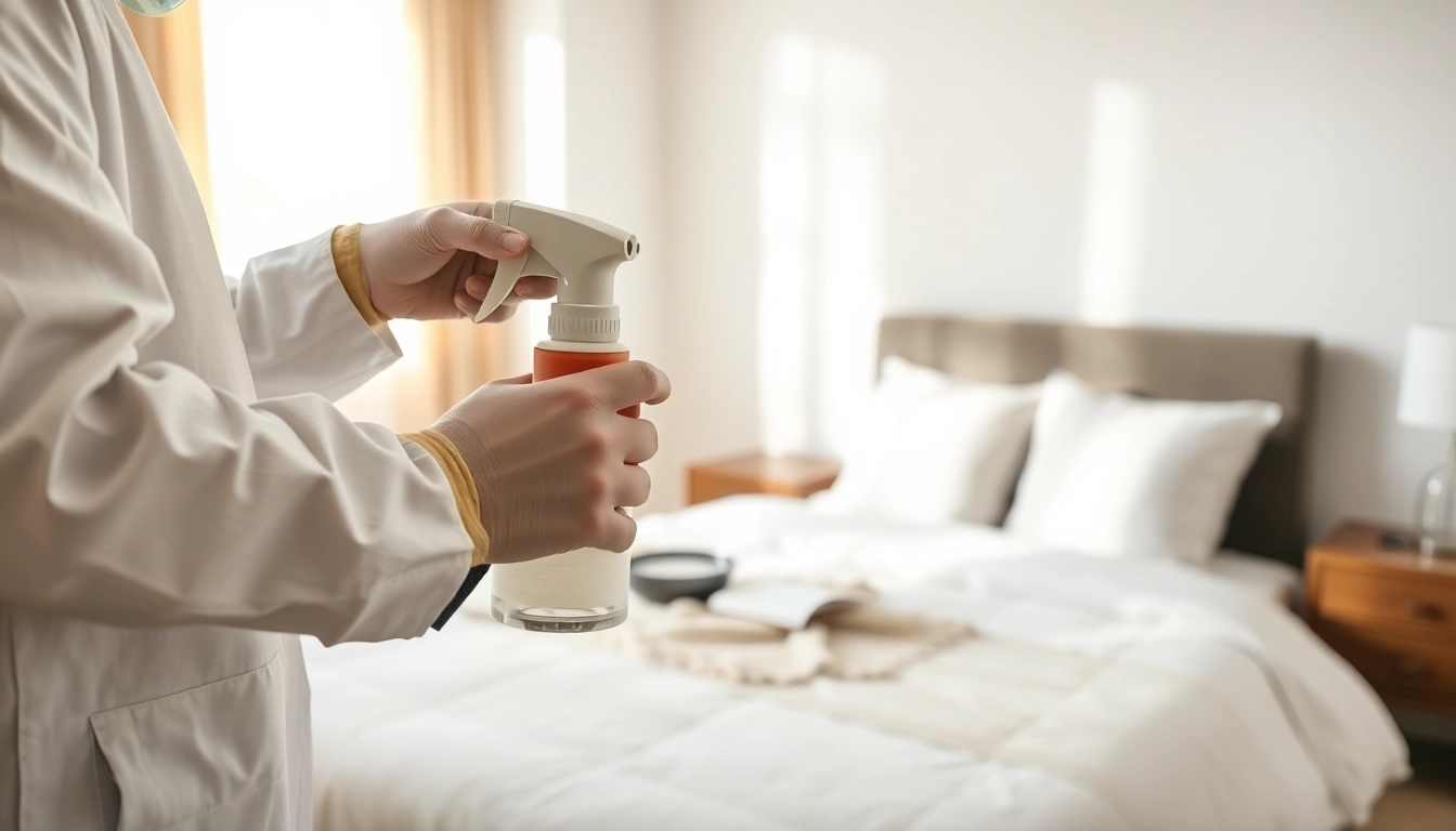 Professional applying bed bug treatment in a bright, clean bedroom environment.