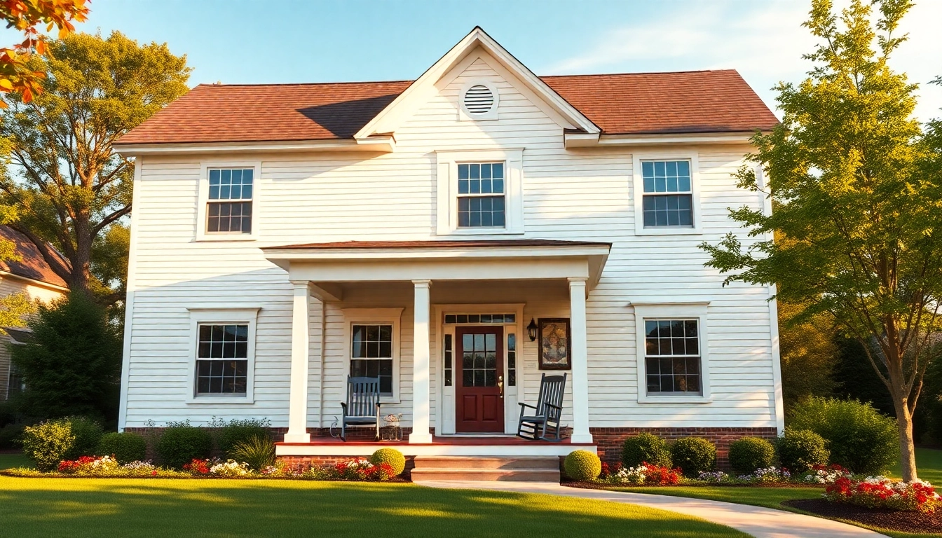 Captivating colonial home build surrounded by lush gardens highlighting classic architectural details.