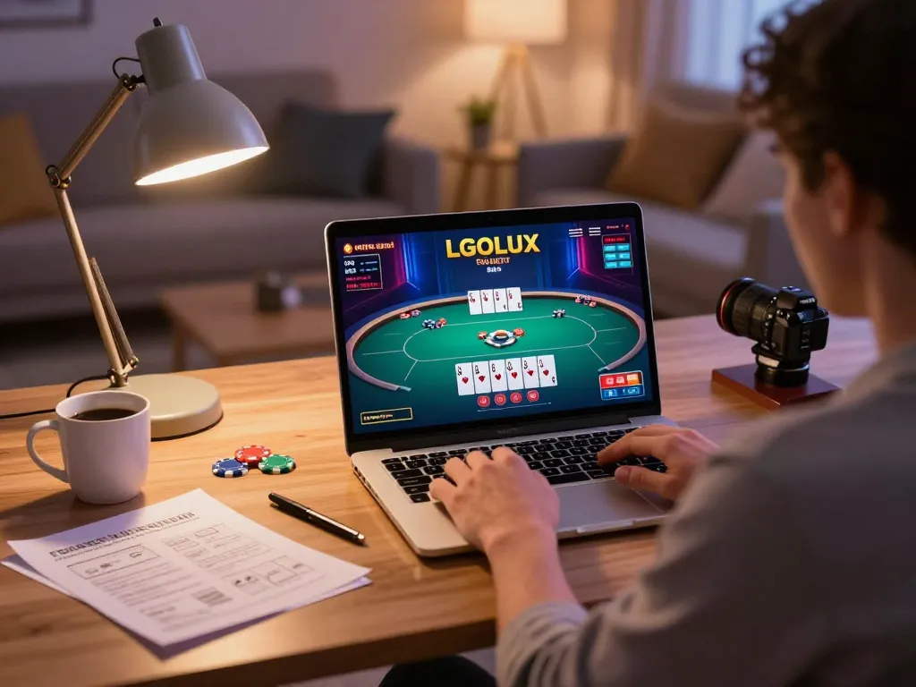 Engaging LGOLUX online gaming experience featuring a player at home, vibrant poker game displayed on laptop.