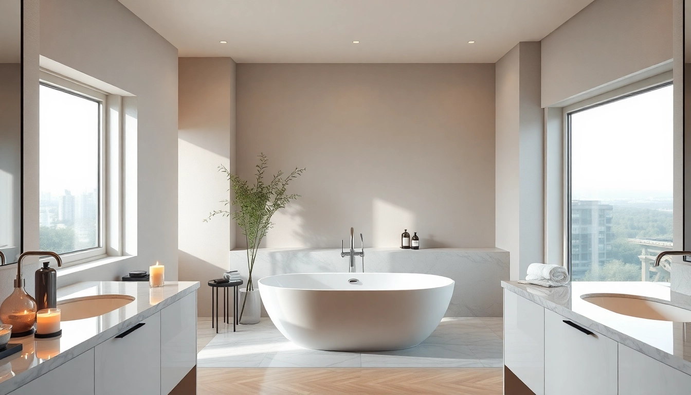 Experience elegant bathrooms with a freestanding tub and luxurious decor in a serene setting.