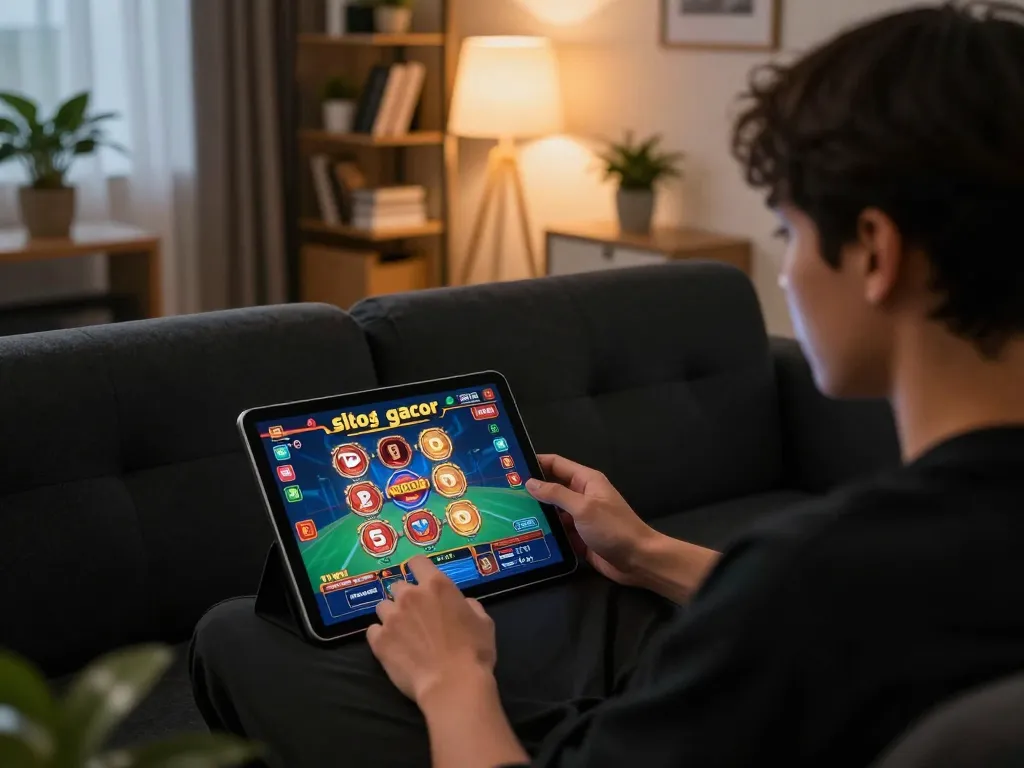 situs slot gacor showcased on a tablet during an engaging online gaming session at home