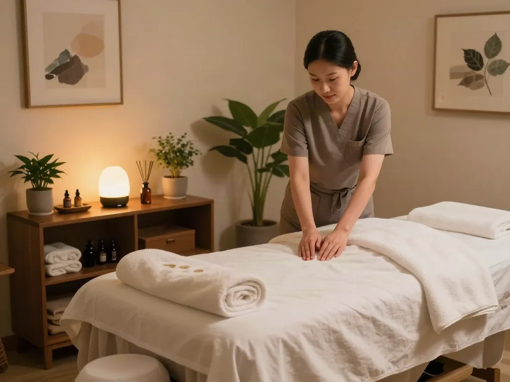 A serene massage studio setup for 주안출장마사지 with soothing decor and calming ambiance.