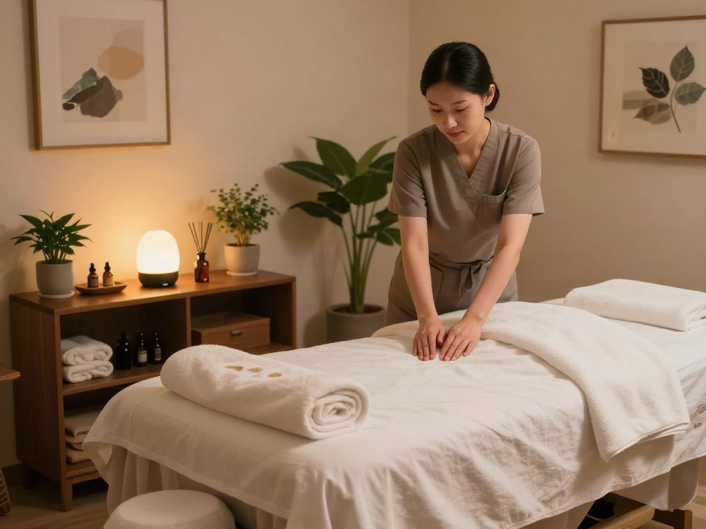 A serene massage studio setup for 주안출장마사지 with soothing decor and calming ambiance.