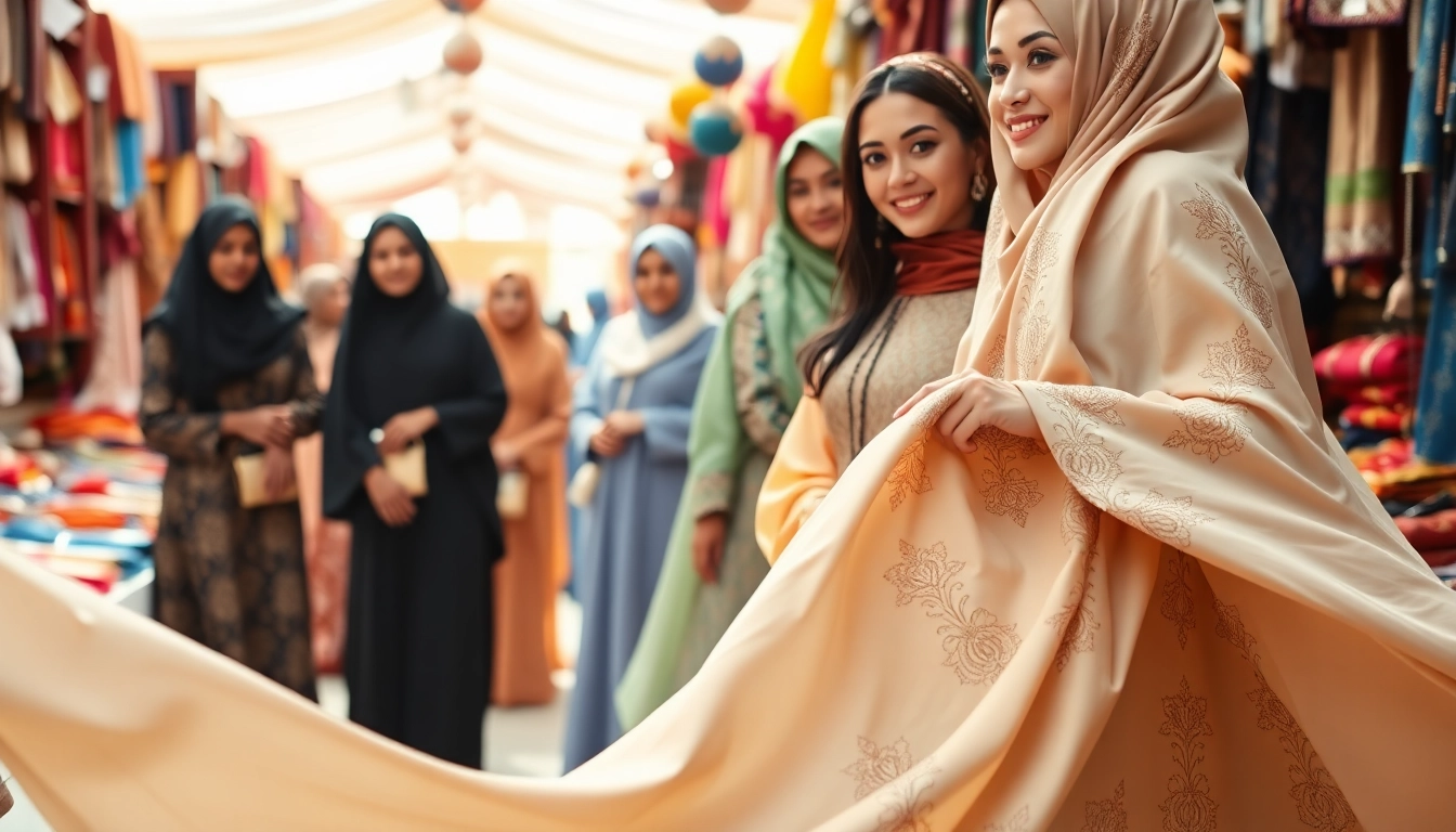 Fashionable women wearing beautiful abayas by an Abaya manufacturer in a lively market.