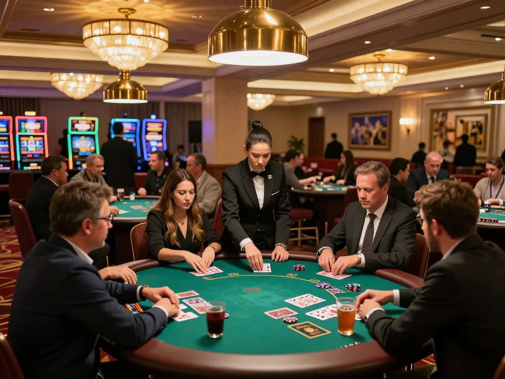 iWin gaming action at an upscale blackjack table with players strategizing bets under warm casino lights.