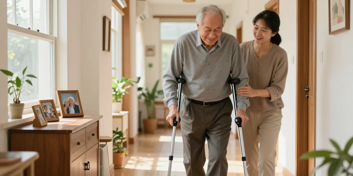 Elderly man confidently using a 智能拐杖 in a sunlit home, illustrating mobility and support.