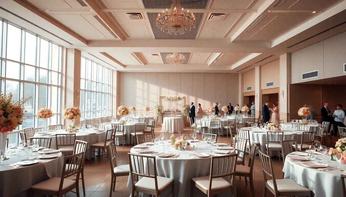 Almas event center mit eleganter Dekoration und festlich gedeckten Tischen für eine Hochzeit.