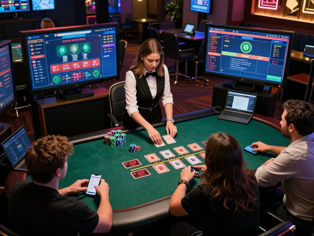 Pemain menikmati blackjack online dengan paris888 di beberapa layar, menampilkan permainan yang menarik dan strategi.