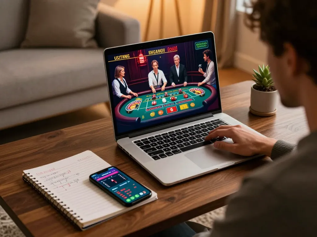 Player enjoying LGOLUX live casino experience on laptop, showcasing strategic gaming environment.