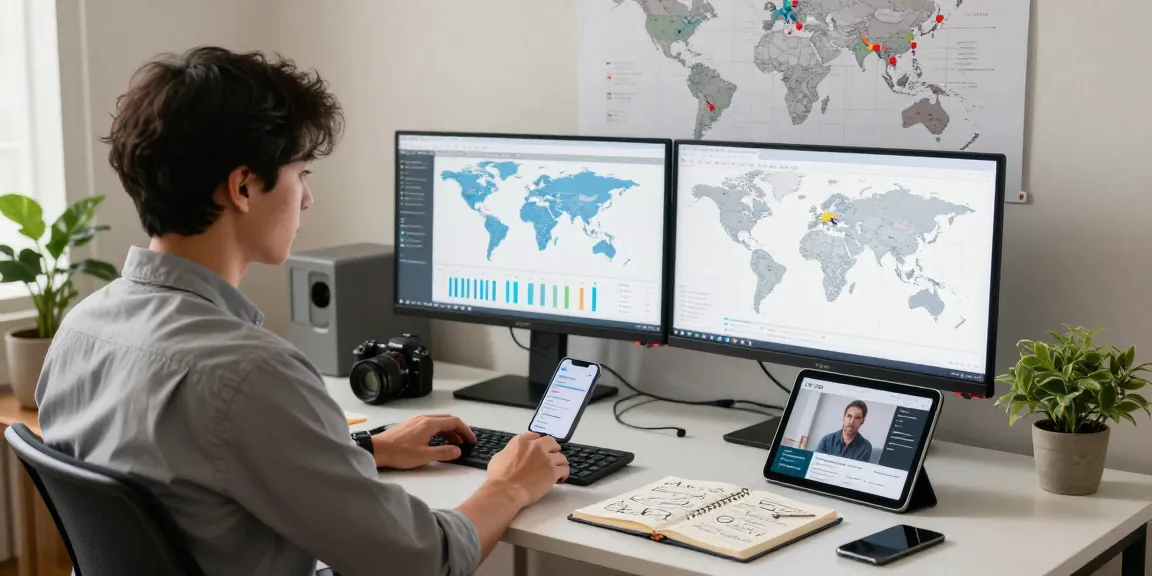 Professional online business scene at dianneprice.com showing an entrepreneur analyzing data in a modern home office.