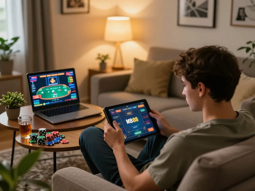 Player engaged in an online poker game at MB88 COM on a tablet, surrounded by poker chips and drinks.