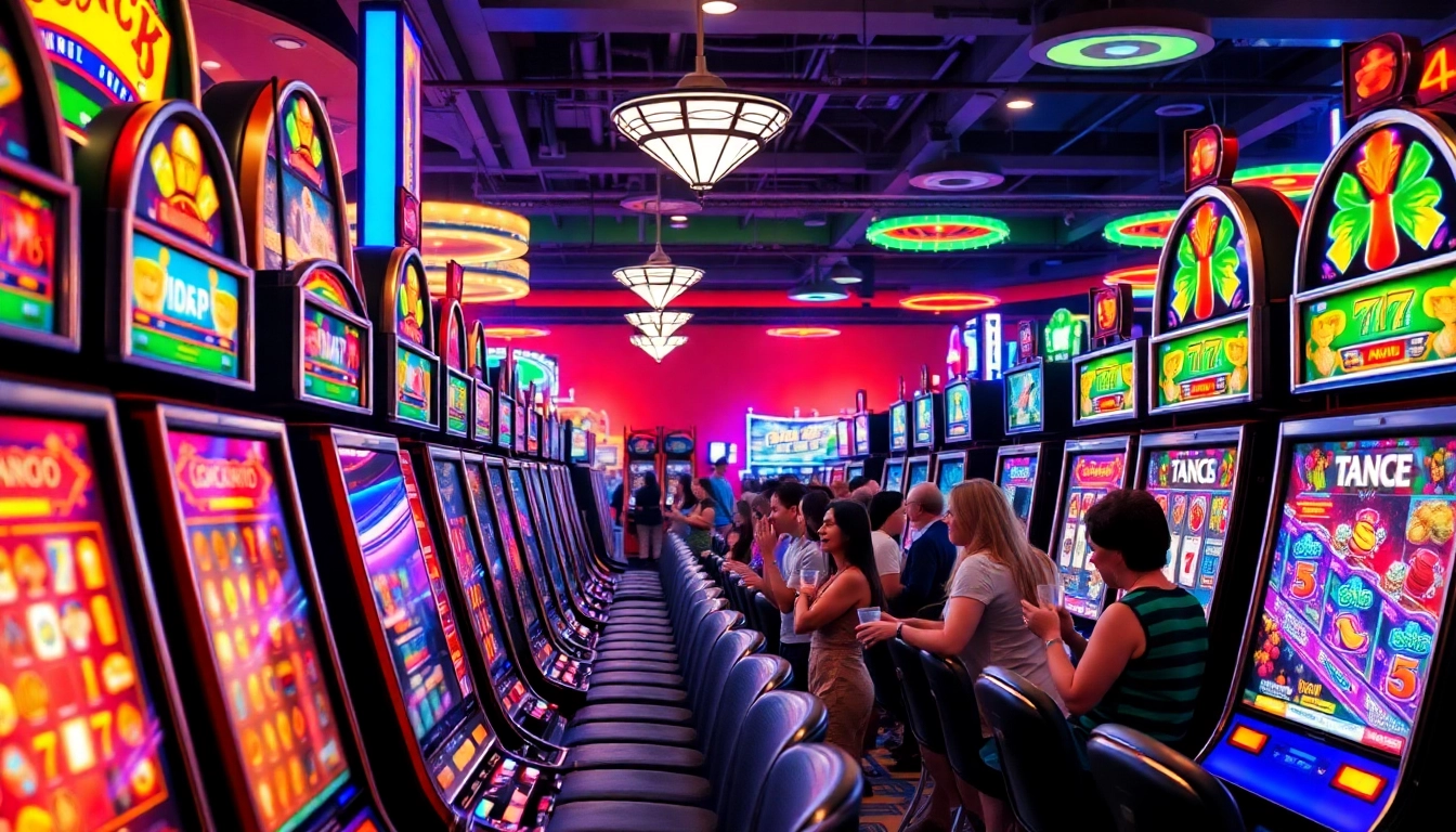 Menangkan besar di 88SLOTDEWA dengan mesin slot yang penuh warna dan kerumunan pengunjung.