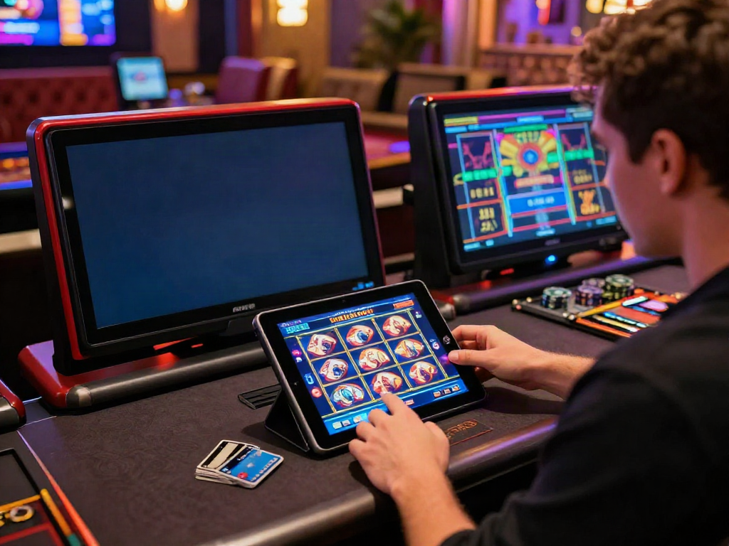 Player enjoying slots that accept credit cards at stylish online casino, vibrant graphics and credit cards nearby