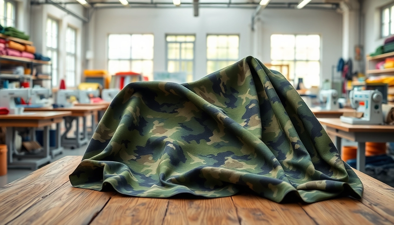 Bekijk de unieke achtergronden van army print katoen stof, kunstzinnig gelegd op een tafel.