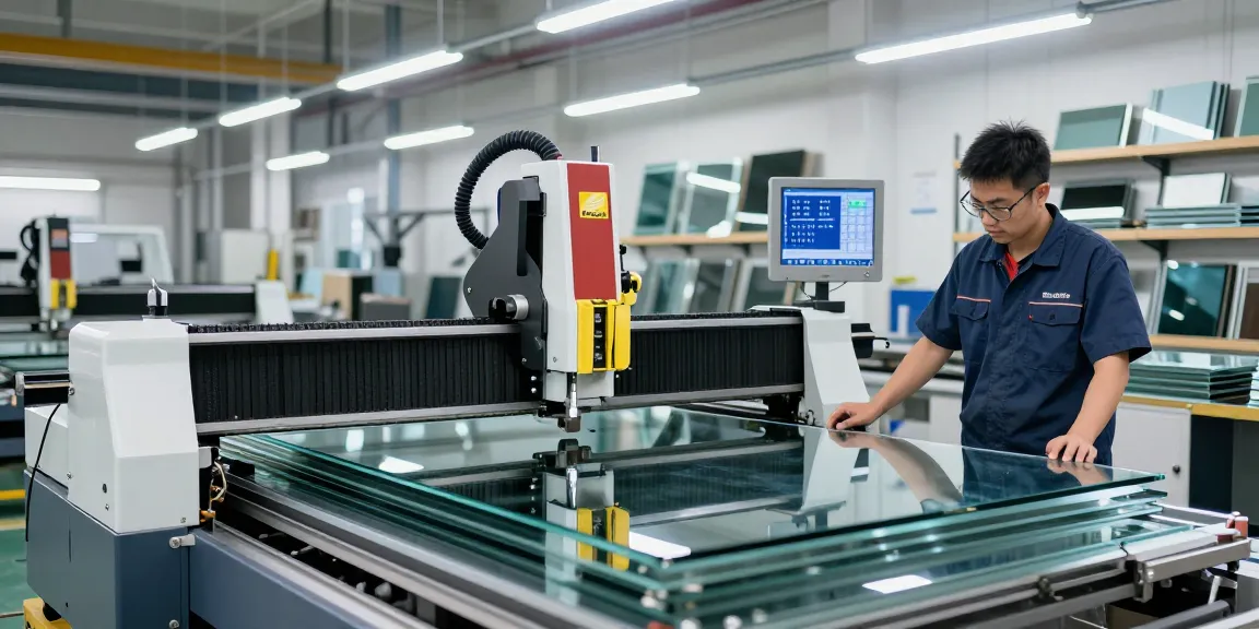 CNC glass cutting machine in operation, showcasing cutting machine glass technology in a modern industrial workshop