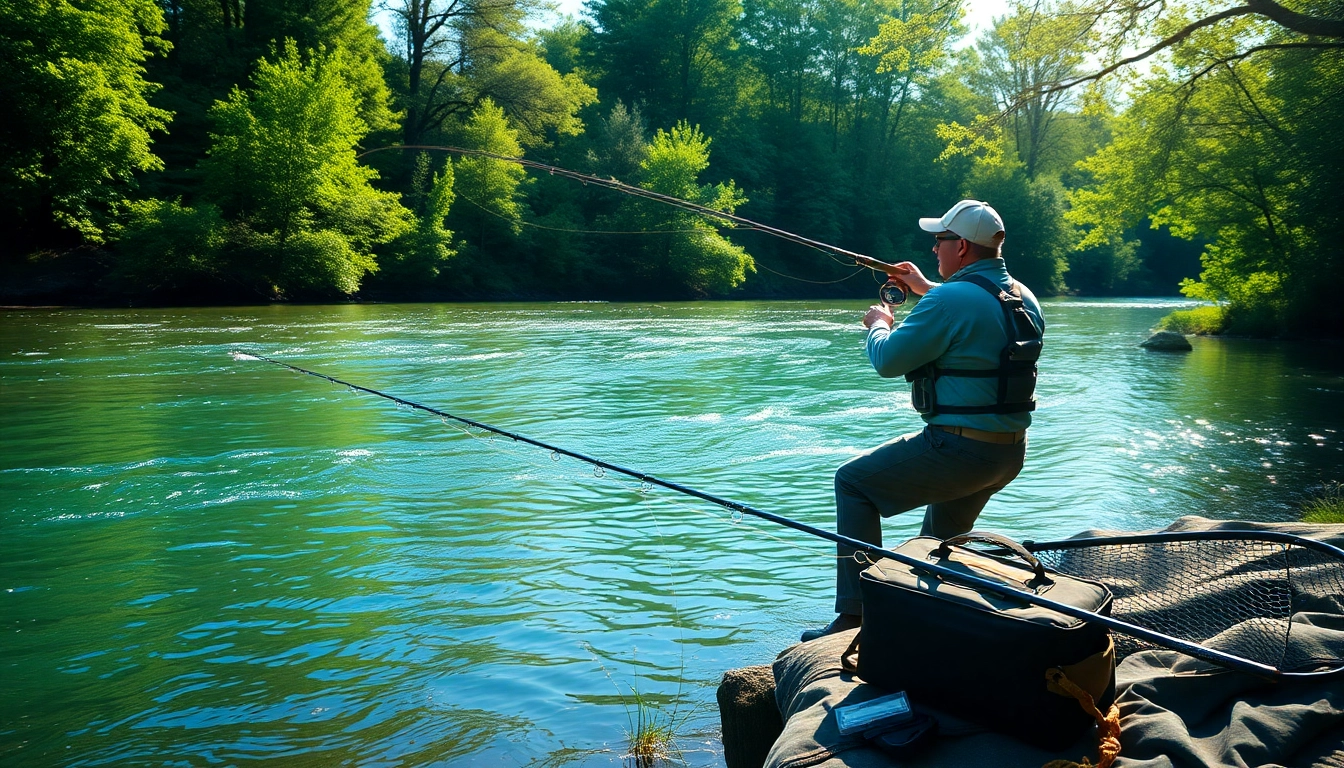 Fly fishing for beginners engaged in casting a line into a serene river.