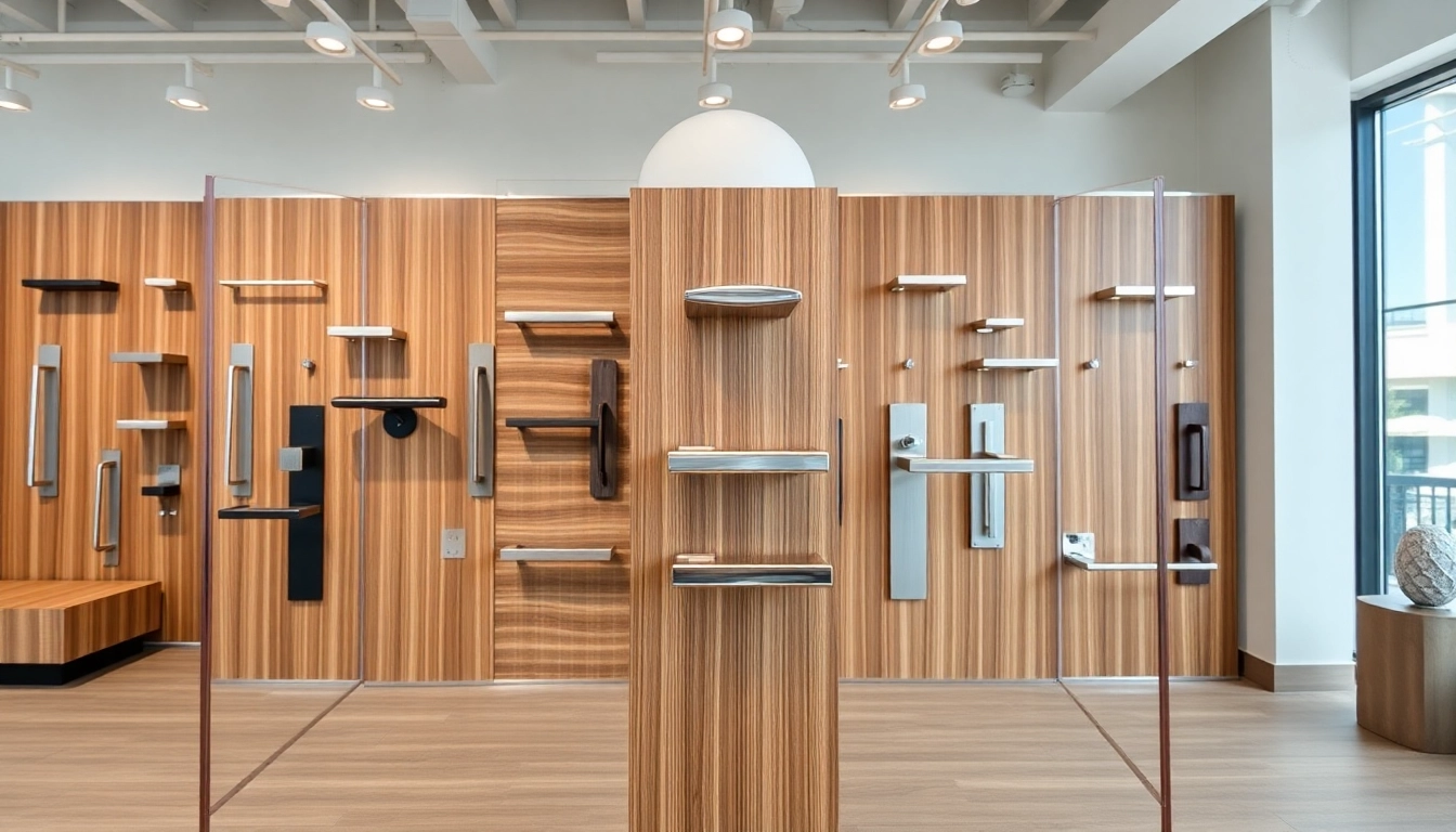 Explore creative door handle designs from leading Door Handle Suppliers in a sleek showroom setup.