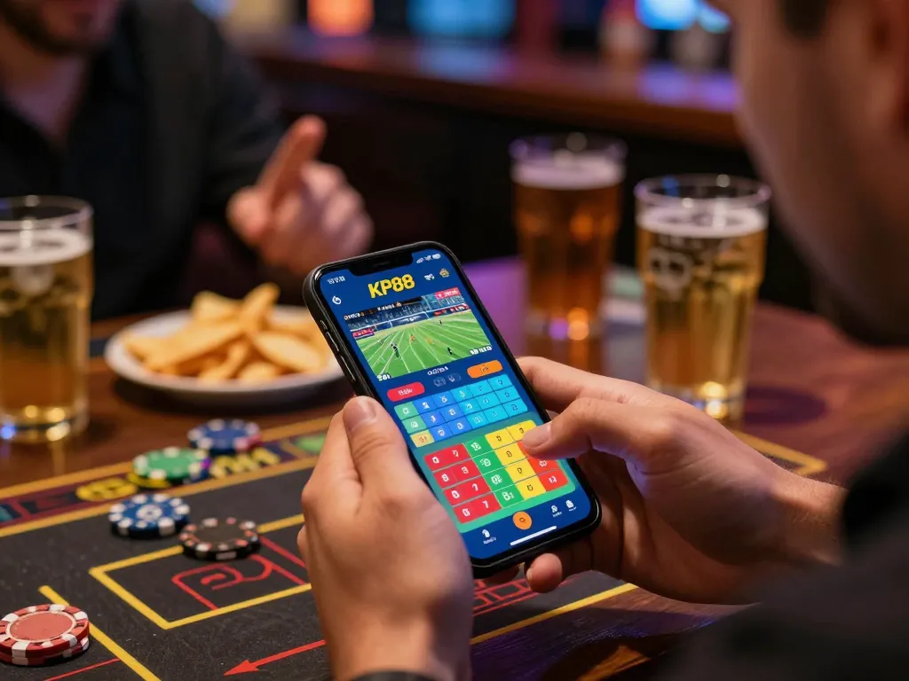 Engaging in sports betting on KP88 app with smartphone and lively atmosphere