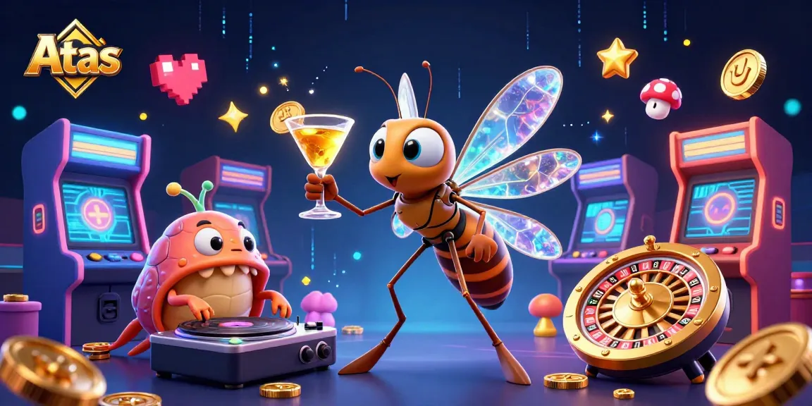 Engage in gaming excitement with Atas at this vibrant casino scene showcasing 3D characters.