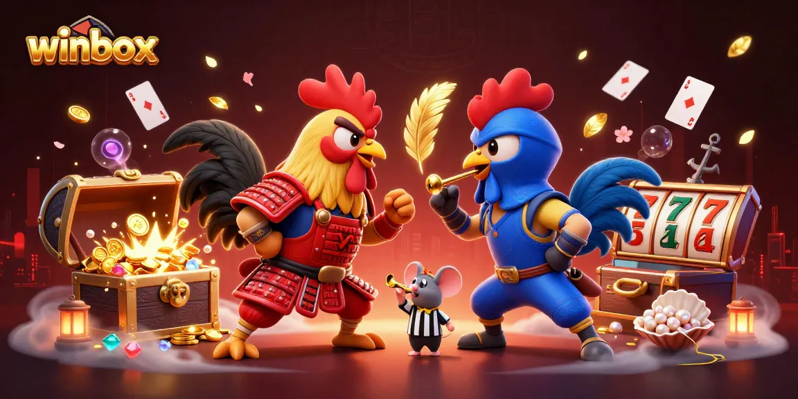 Winbox offers exciting slot gameplay with cartoon roosters and vibrant casino elements in 3D.
